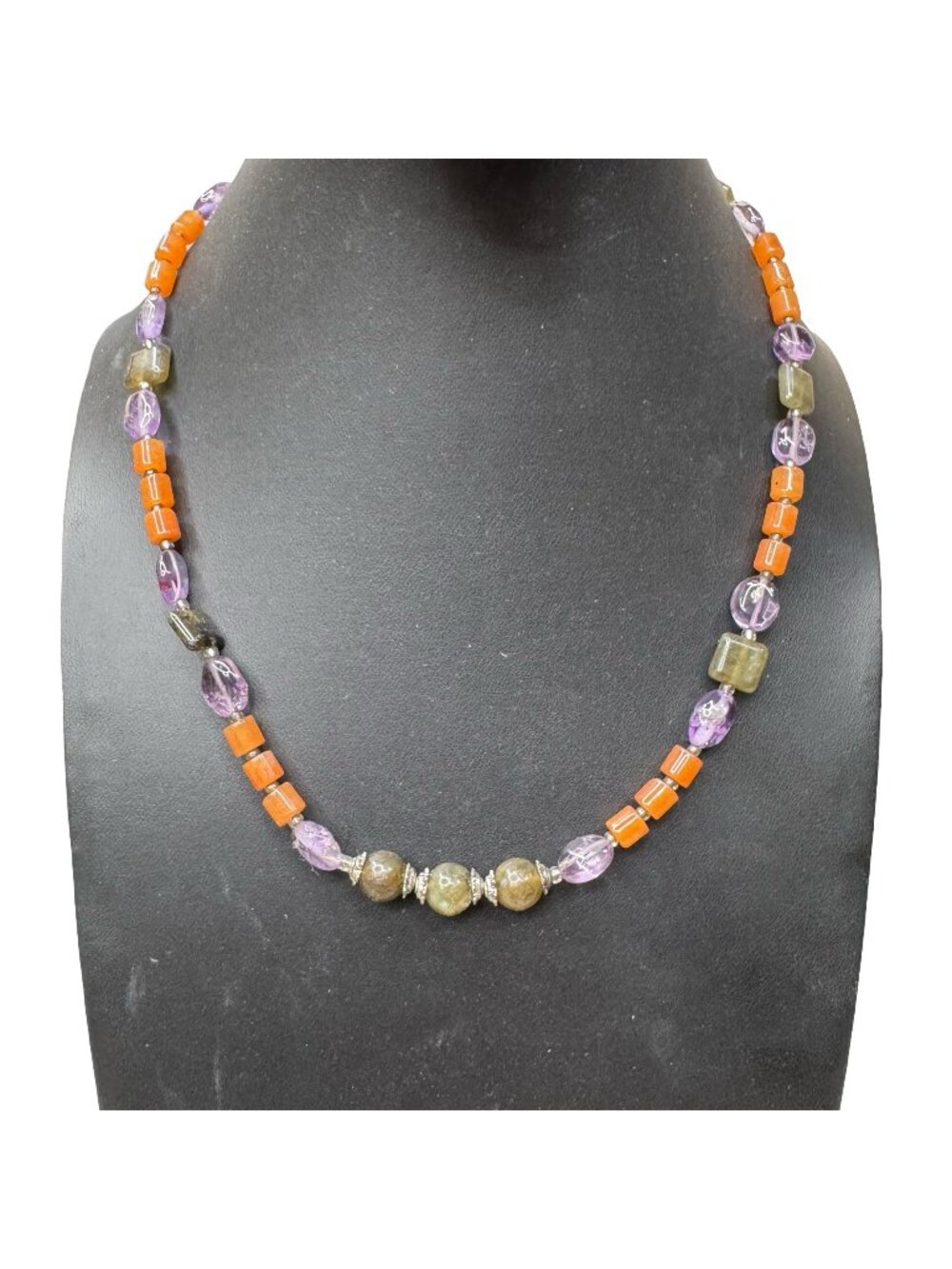 Vintage Himilayan Beaded Necklace Amethyst Carnelian Adventurine Stones 17"